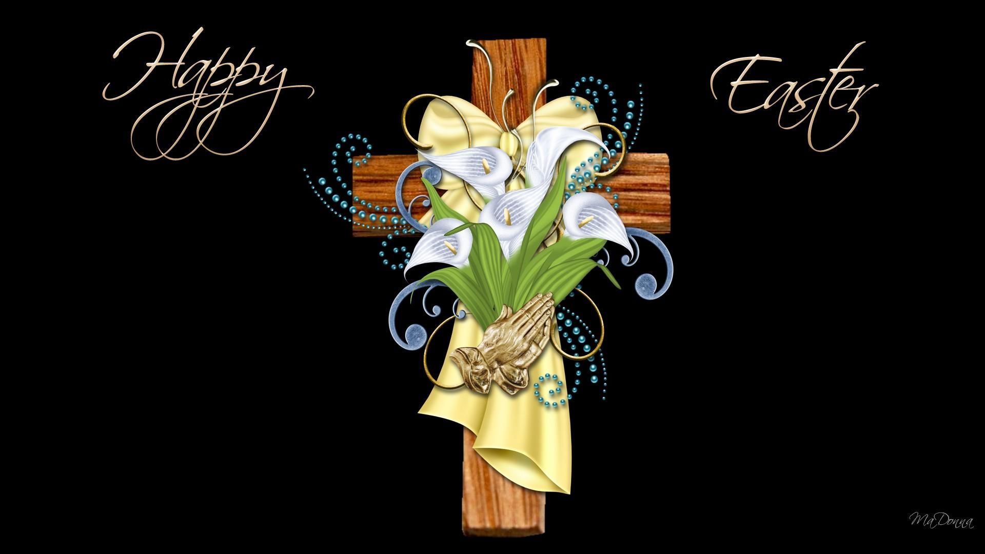 Easter Cross decorated with calla lilies & praying golden hands