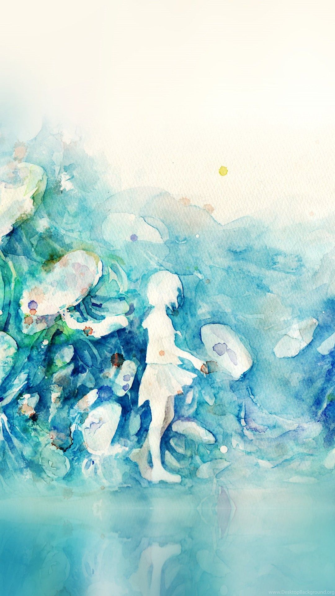 Watercolor Blue Girl Nature Art Illust iPad Air Wallpaper