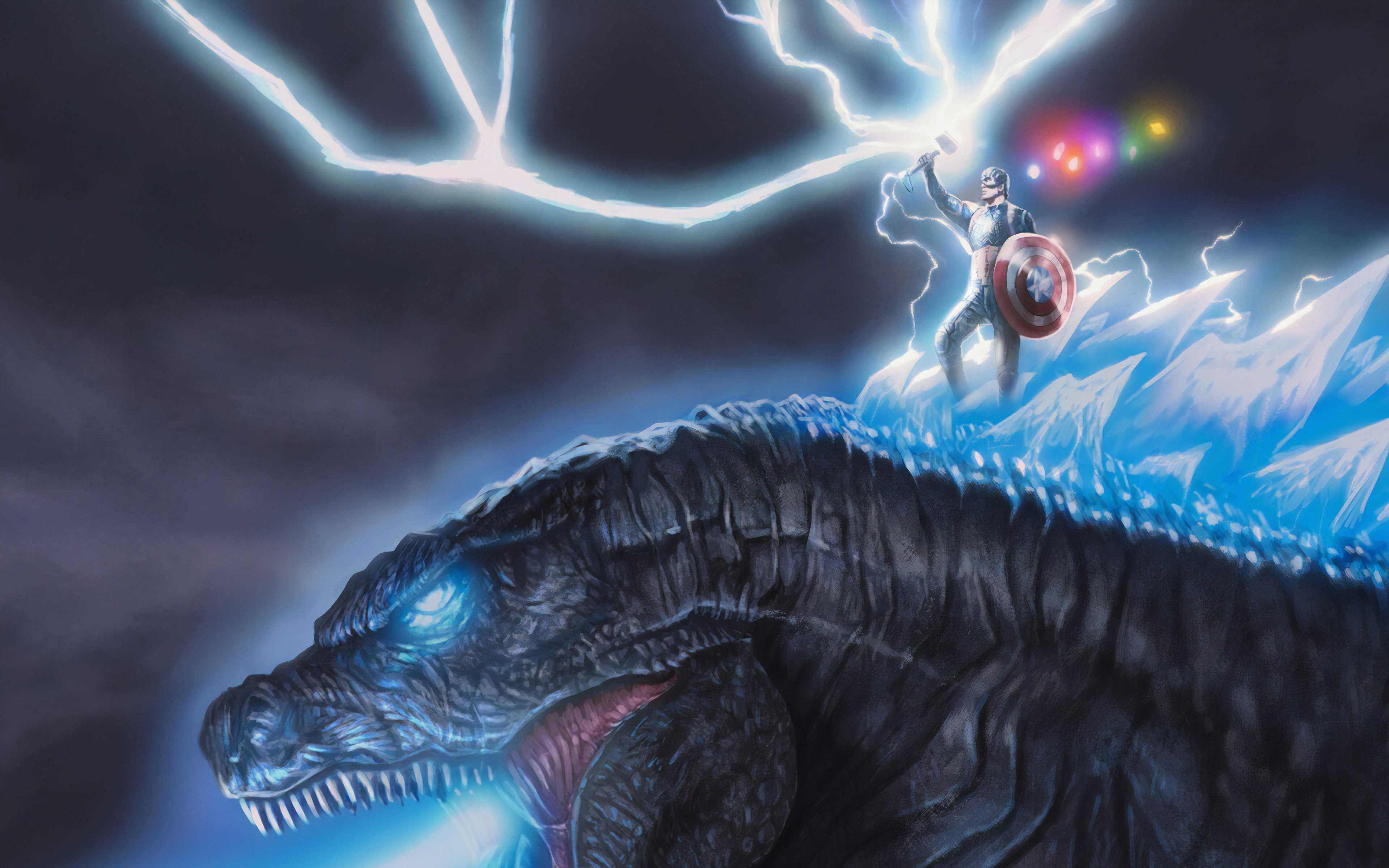 Captain America on Godzilla HD Wallpaper (3840x2400)