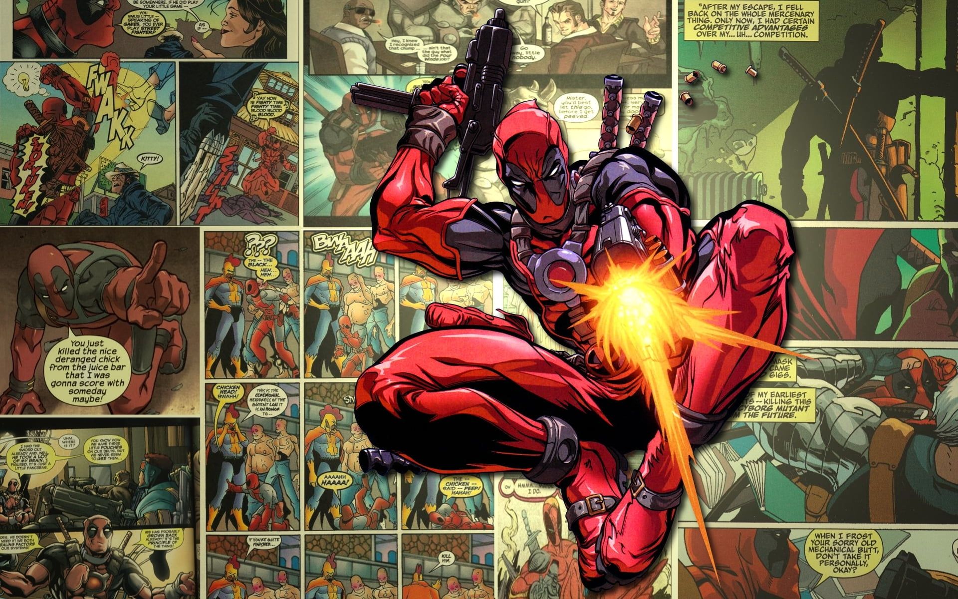 Deadpool illustration, weapons, mask, shots, marvel, comic, comics