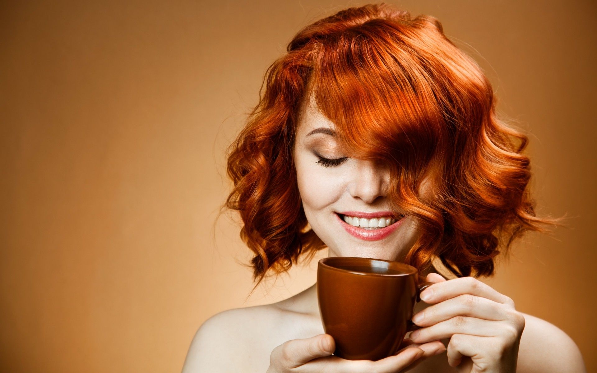 Smile Redhead Girl Drink Coffee Wallpaper HD / Desktop and Mobile