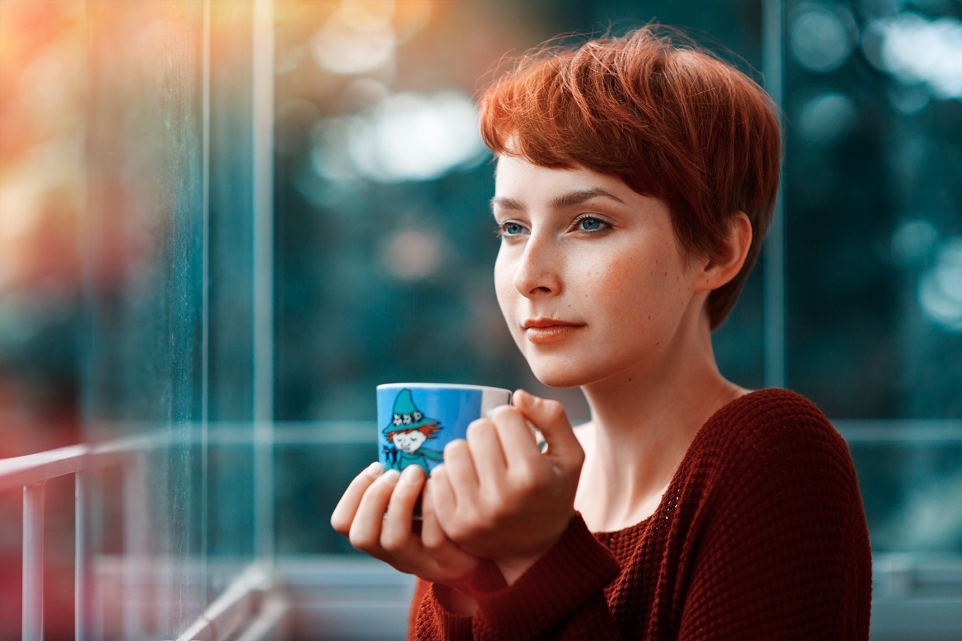A girl with short hair drinking coffee wallpaper and image