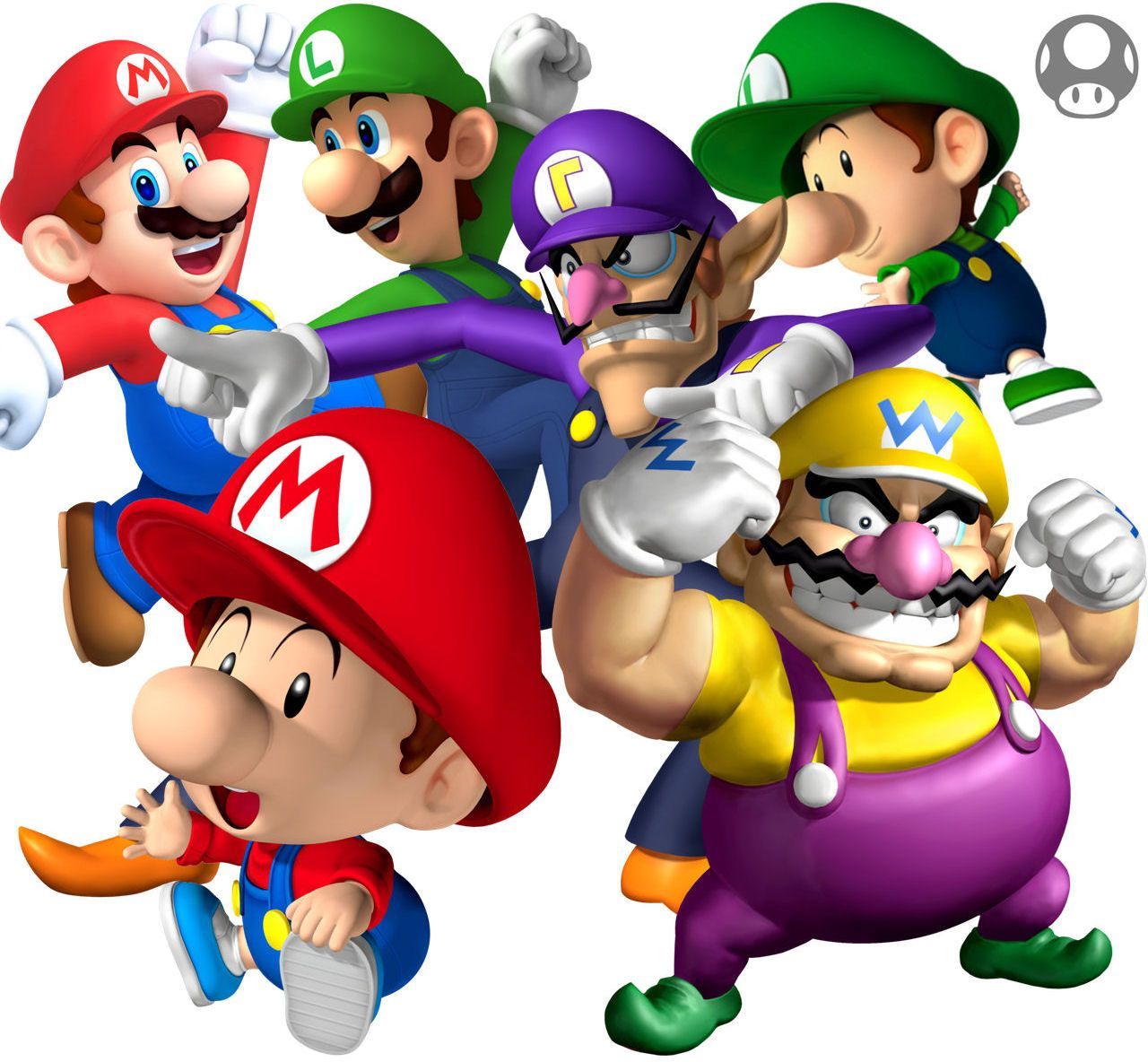 Baby Mario, Mario, Luigi, Waluigi, Baby Luigi & Wario. Mario, New