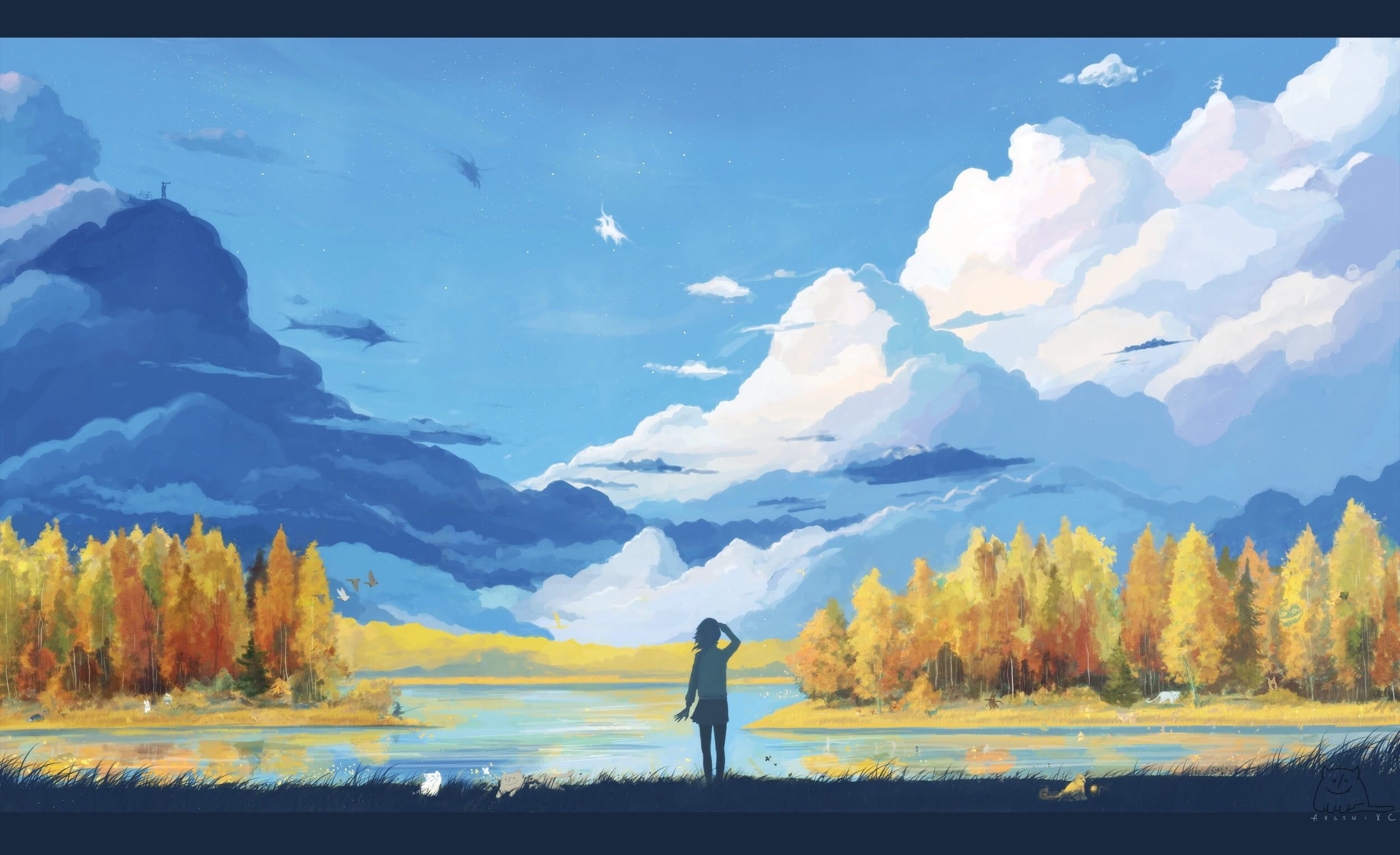 Person near mountain painting, anime, landscape, nature, fantasy