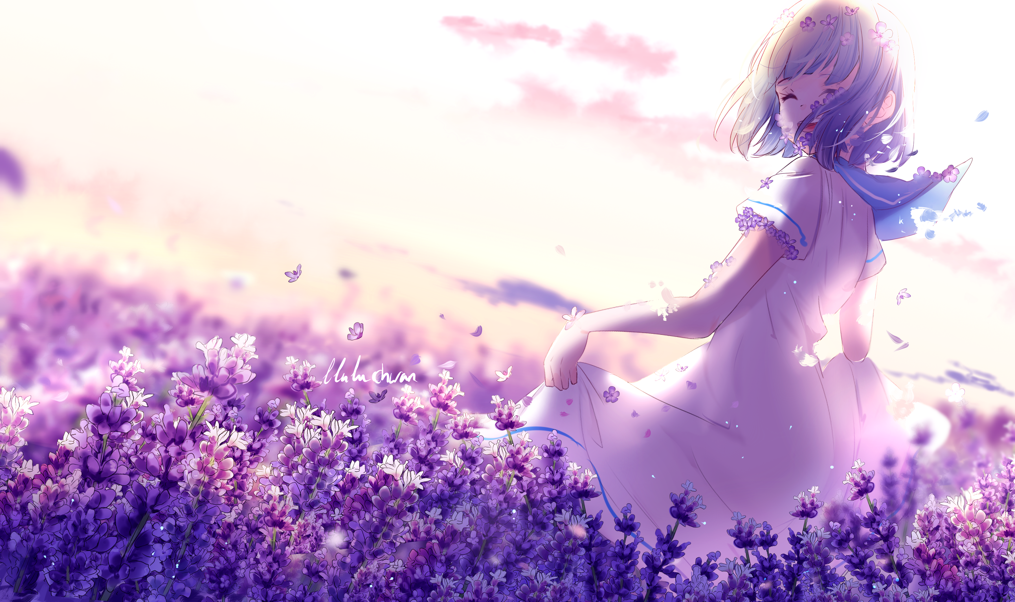 #Anime girl, #Lavender flowers, #Purple, K, #Spring