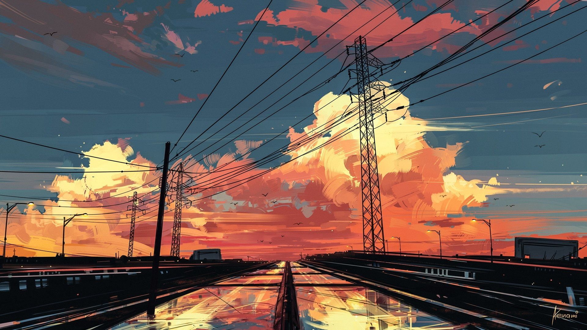 Anime landscape, sunset, sky, painting, scenic, Anime, HD