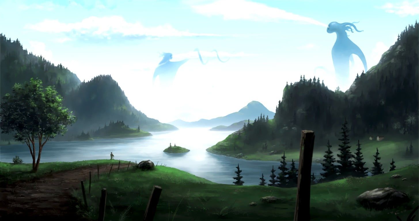Painting of lake, anime, landscape HD wallpaper