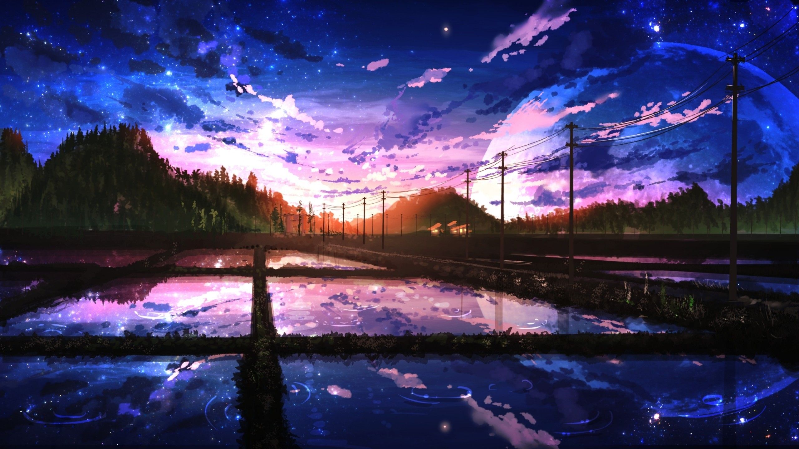Download 2560x1440 Anime Landscape, Scenic, Moon, Painting, Sky