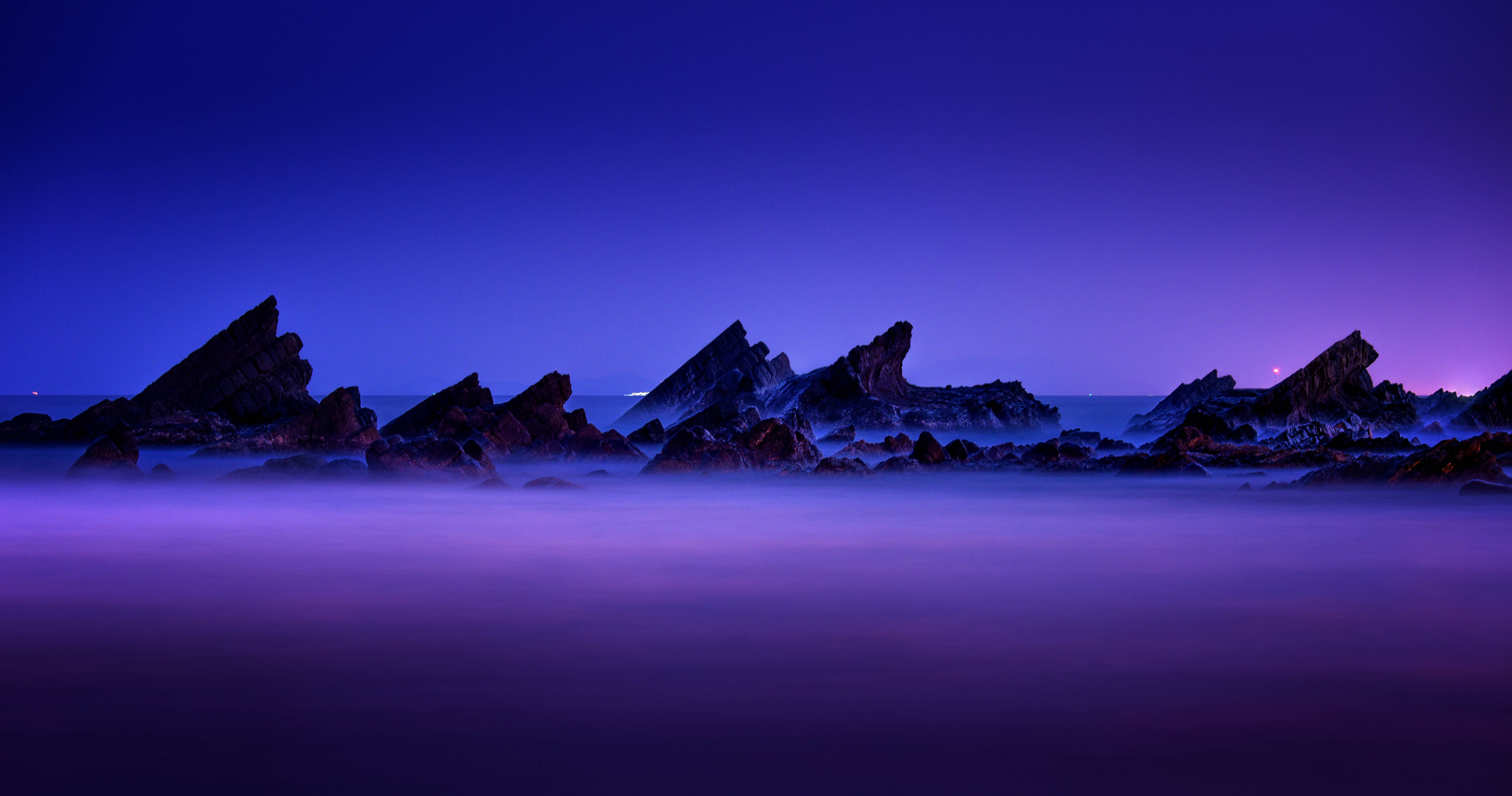 Wallpaper Purple sky, Sunset, Rocks, Beach, Seascape, HD, 4K, 8K