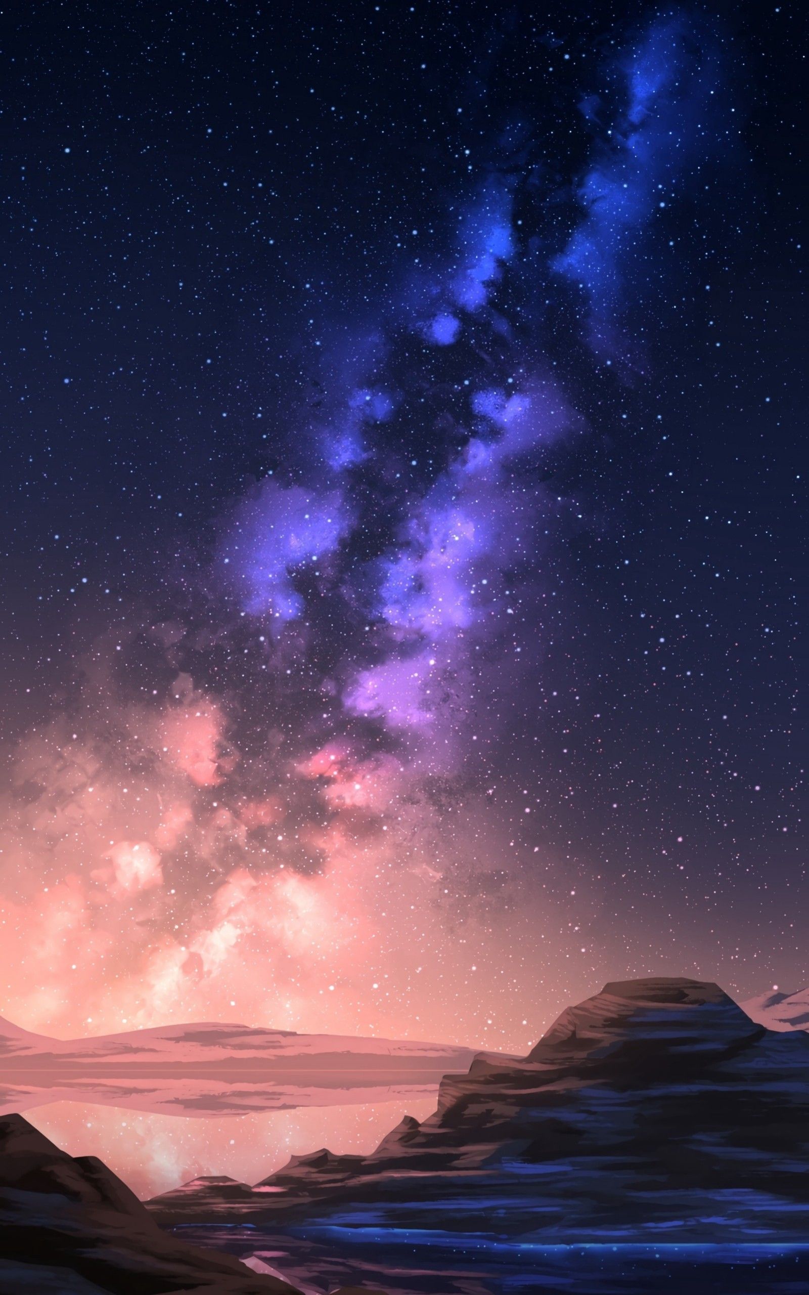 Download 1600x2560 Starry Sky, Cosmos, Violet Sky, Mountain