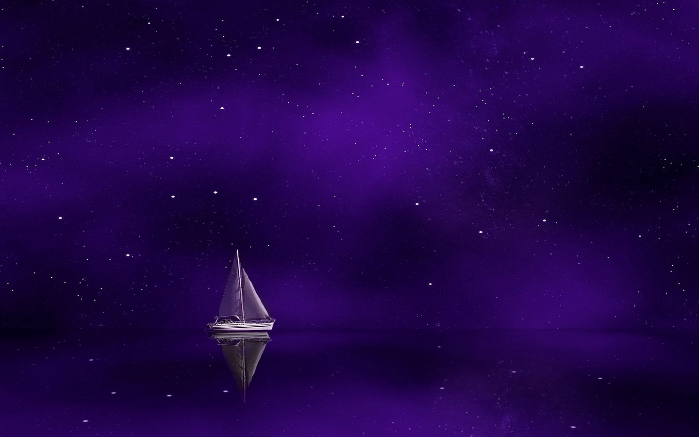 Download wallpaper 1440x900 sail, starry sky, reflection, purple