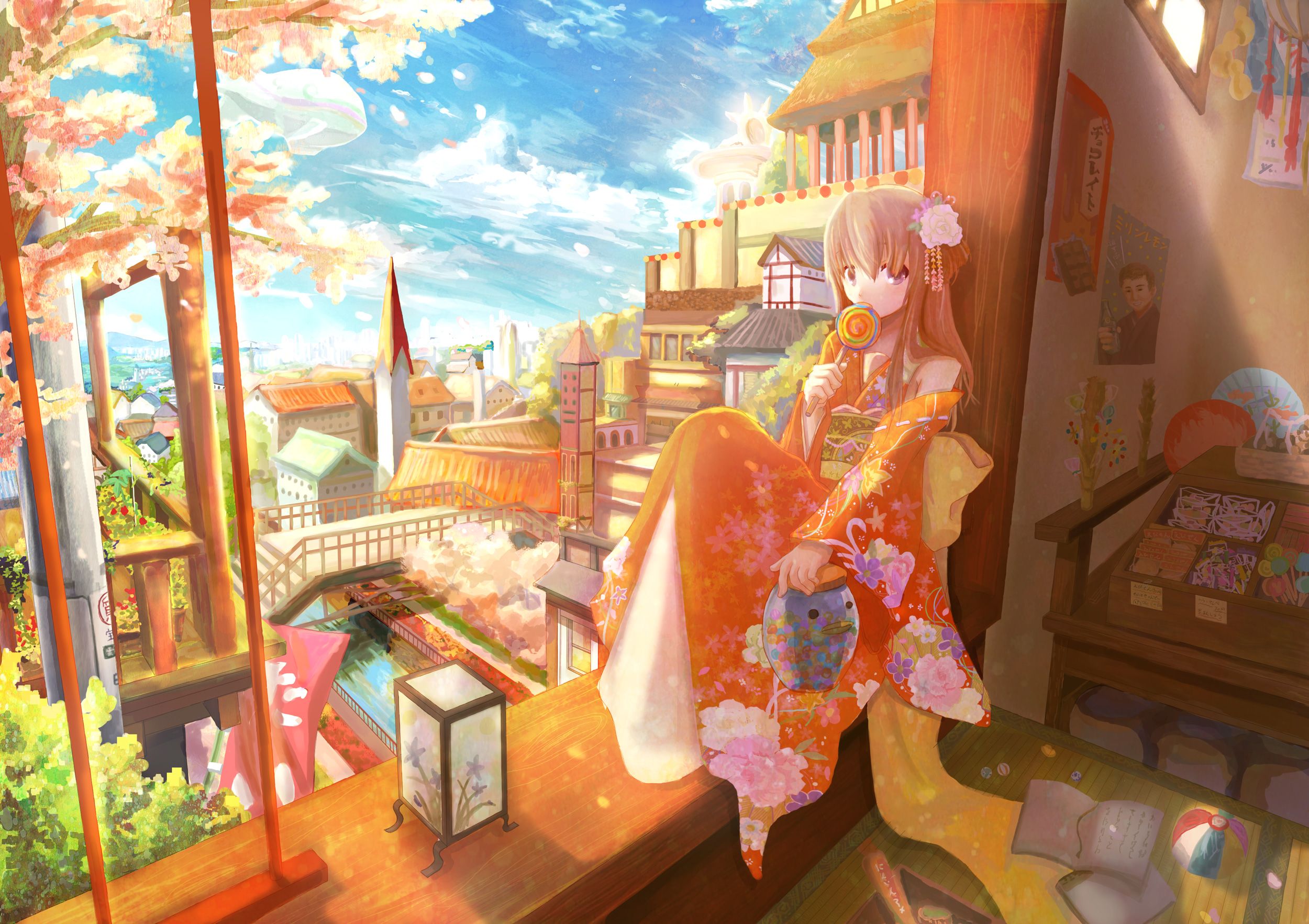 cherry blossoms, room, scenic, Kariya Kyou, Japanese clothes