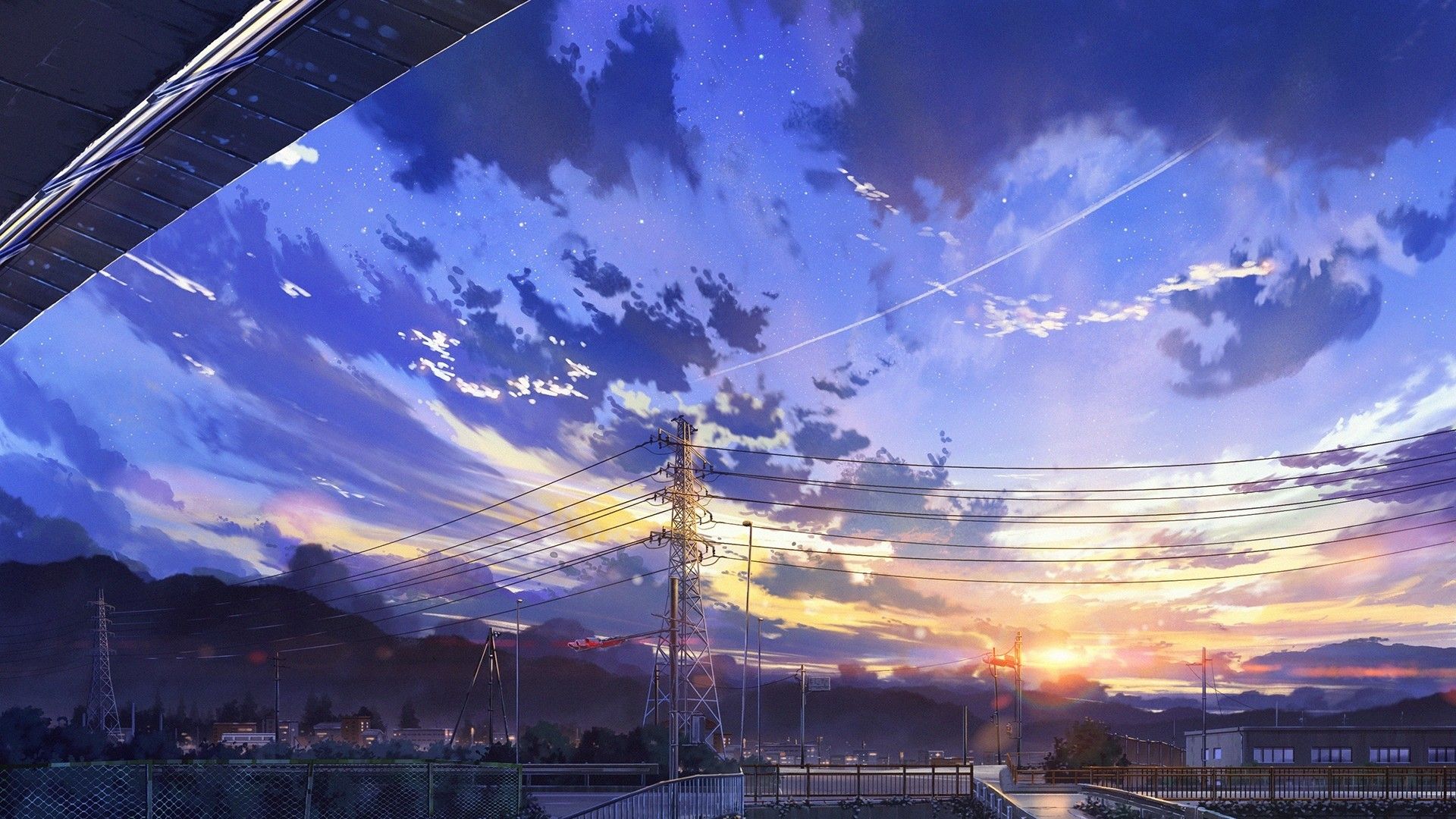 Download 1920x1080 Anime Landscape, Scenery, Clouds, Stars, Buildings Wallpaper for Widescreen
