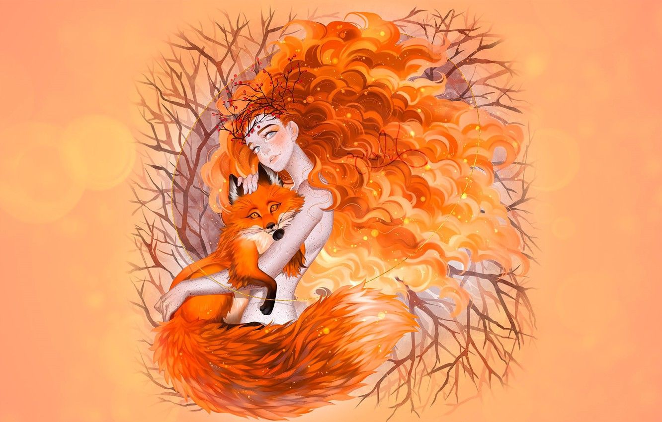 Wallpaper autumn, girl, Fox, redhead autumn, luleiya, Fox Spirit