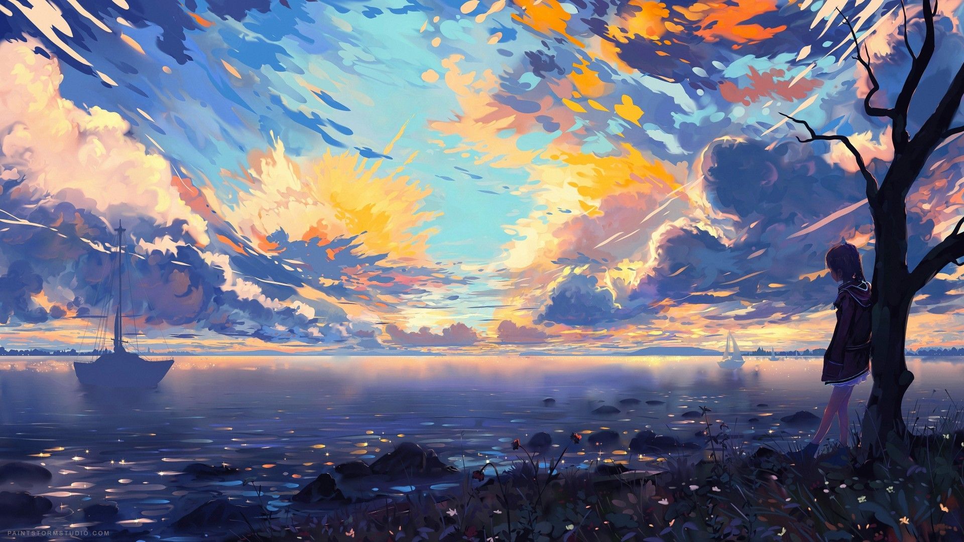 Download 1920x1080 Anime Girl, Horizon, Landscape, Clouds, Sunset