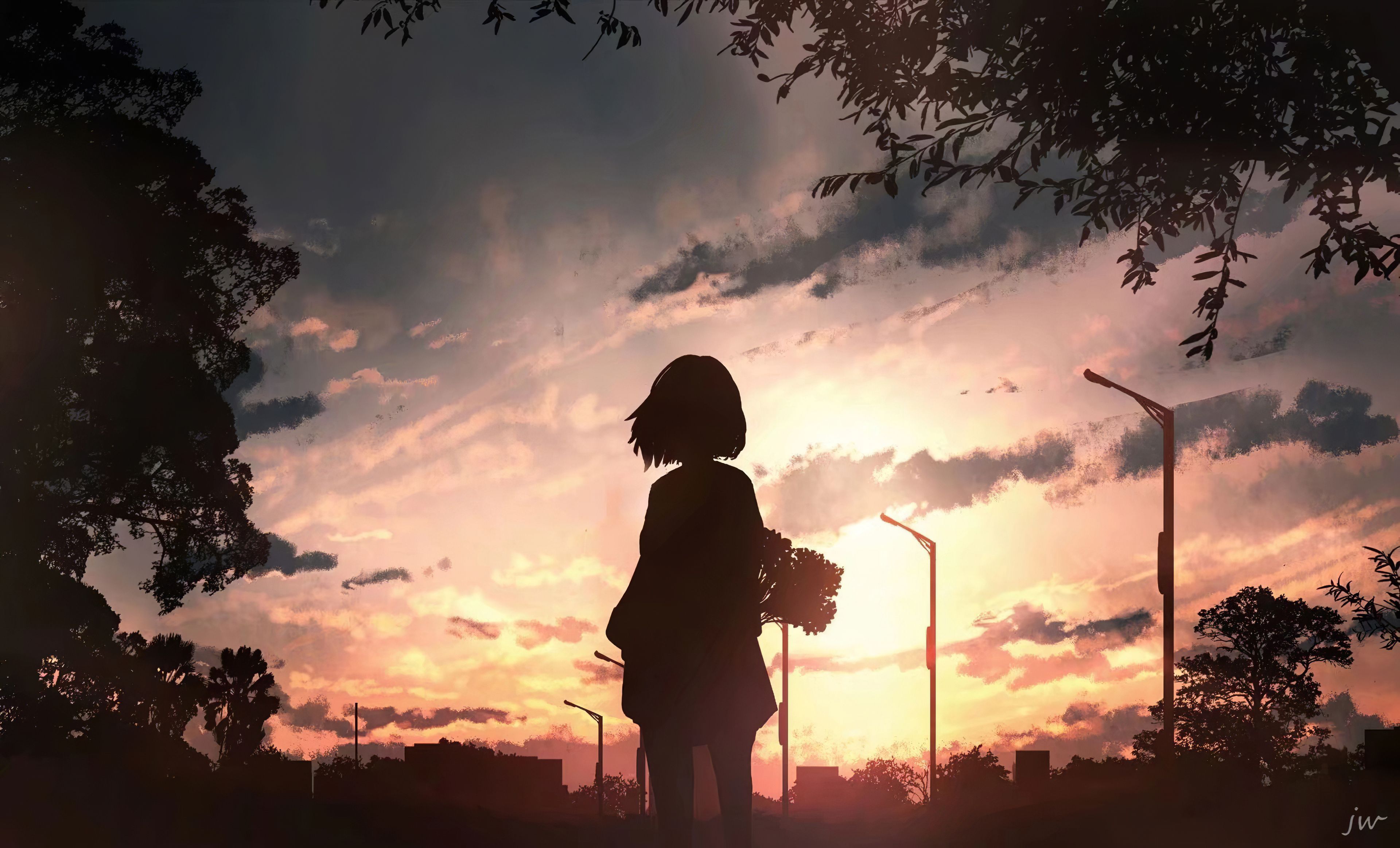 Anime Girl With Flowers Looking Towards Sunset, HD Anime, 4k