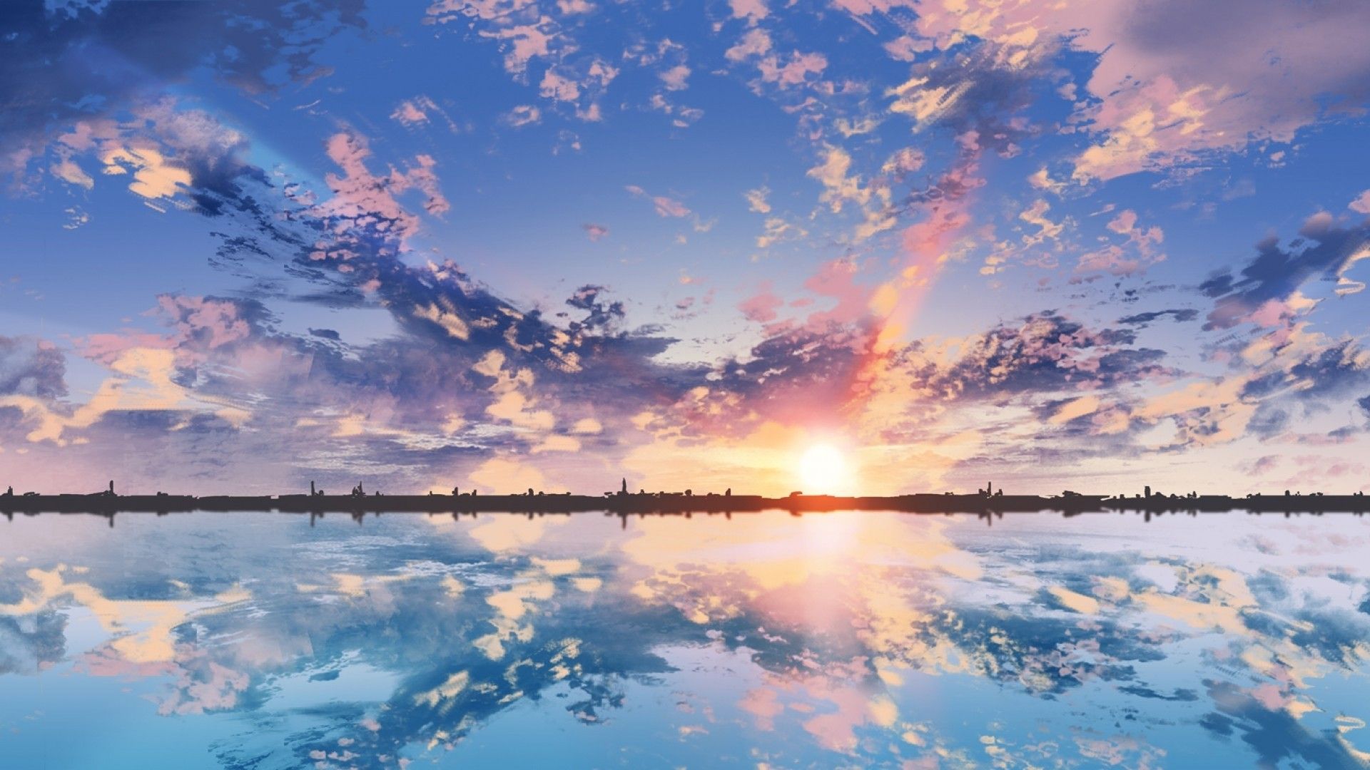 Download 1920x1080 Anime Scenic, Clouds, Sunset, Reflection, Dual