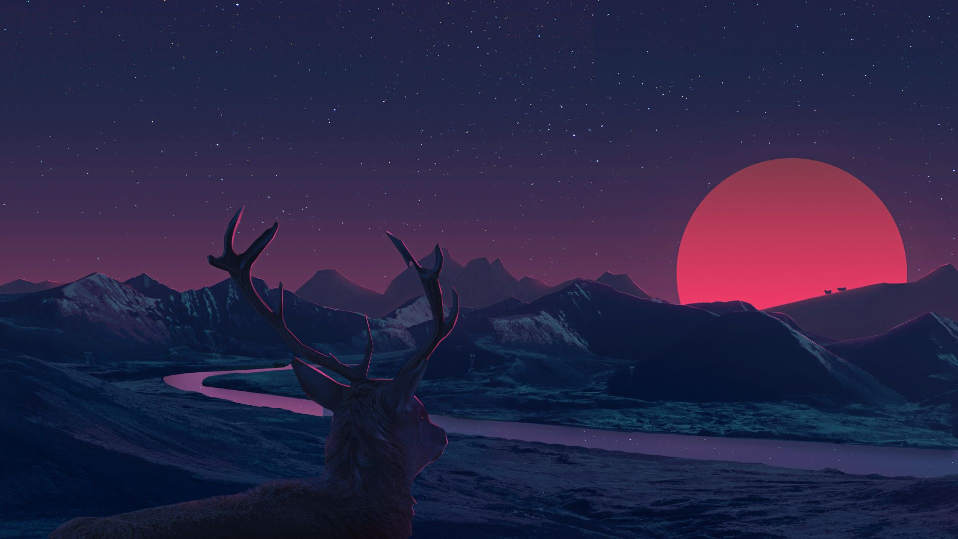 Deer Staring At Sunset Anime 1080P Laptop Full HD