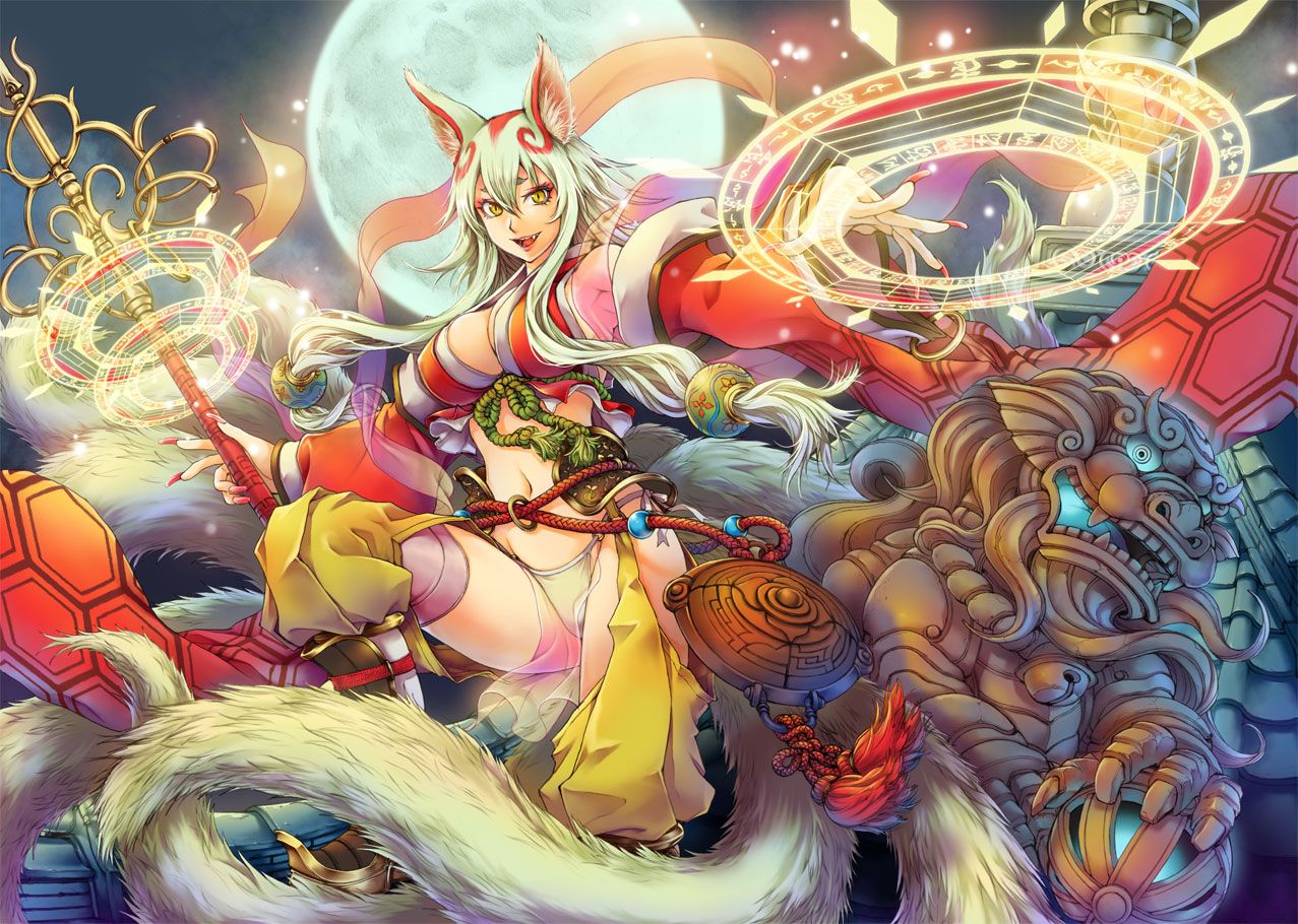 animal ears breasts cleavage foxgirl moon original tail thighhighs