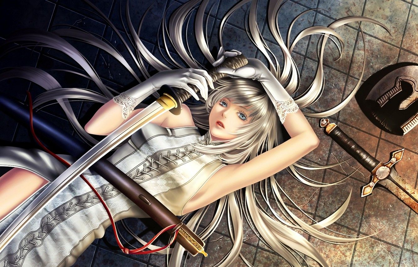 Photo Wallpaper Girl, Hair, Sword, Katana, Art, Gloves