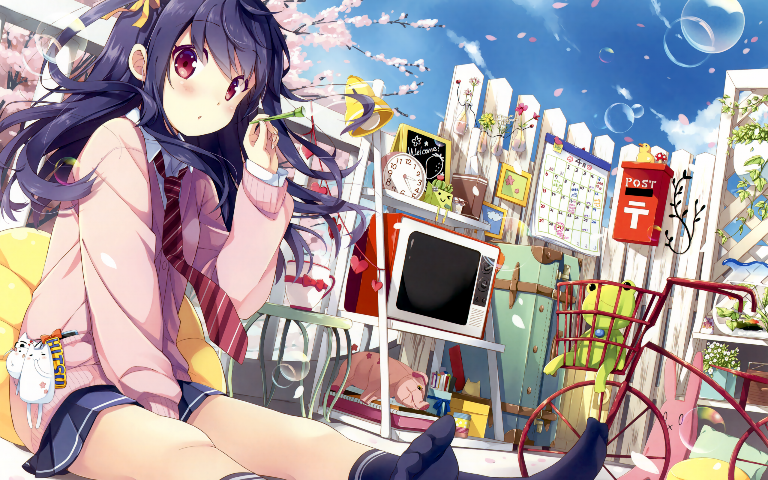 Download 2560x1600 Anime Girl, Blue Hair, School Uniform, Sitting.