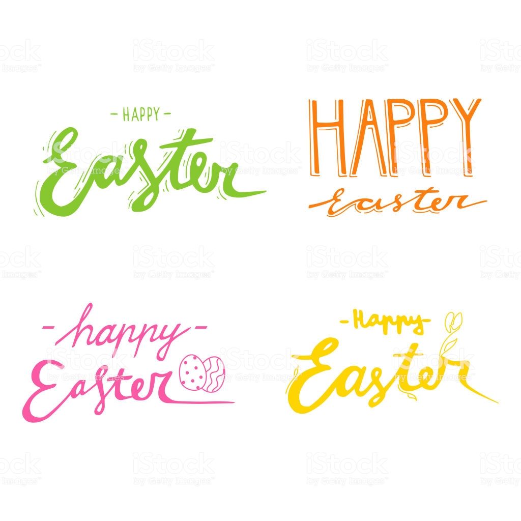Set Of Green Orange Pink Yellow Vector Lettering Happy Easter On