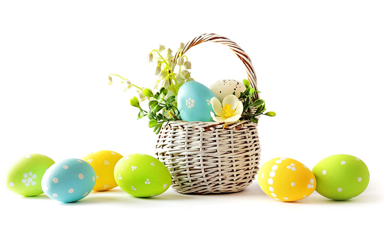 Picture Easter Eggs Wicker basket Lilies of the valley Holidays