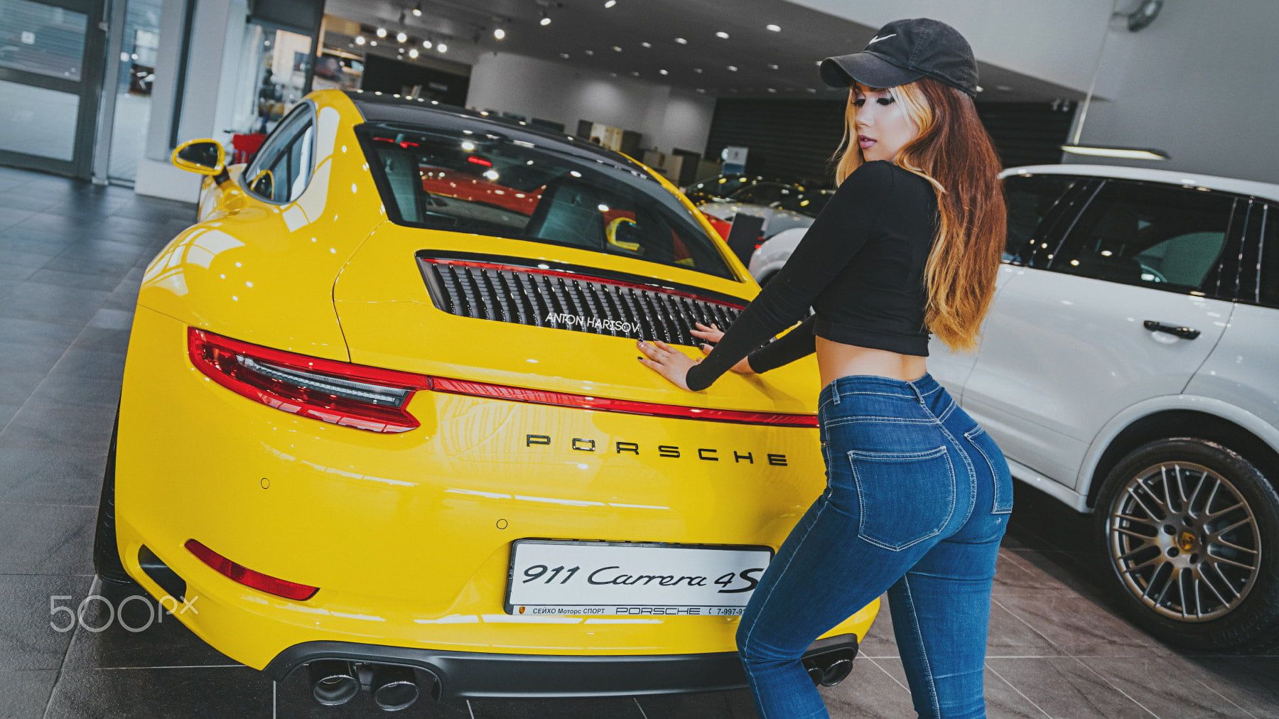 Yellow Porsche 911 Carrera 4S coupe, women, Anton Harisov, Porsche