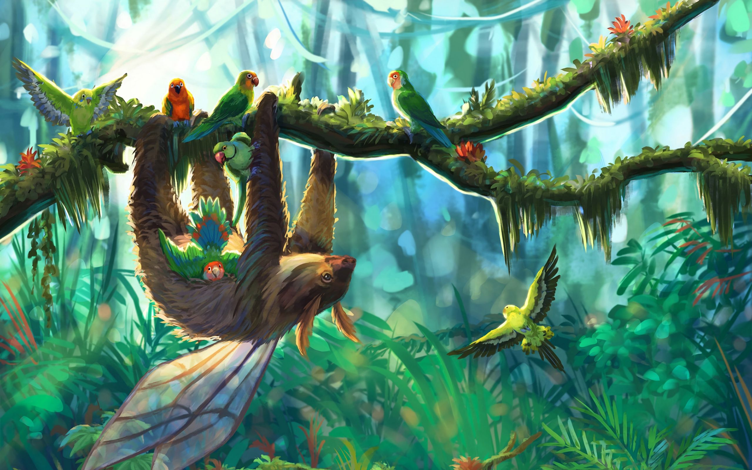 Download wallpaper 2560x1600 sloth, parrots, jungle, art, branch