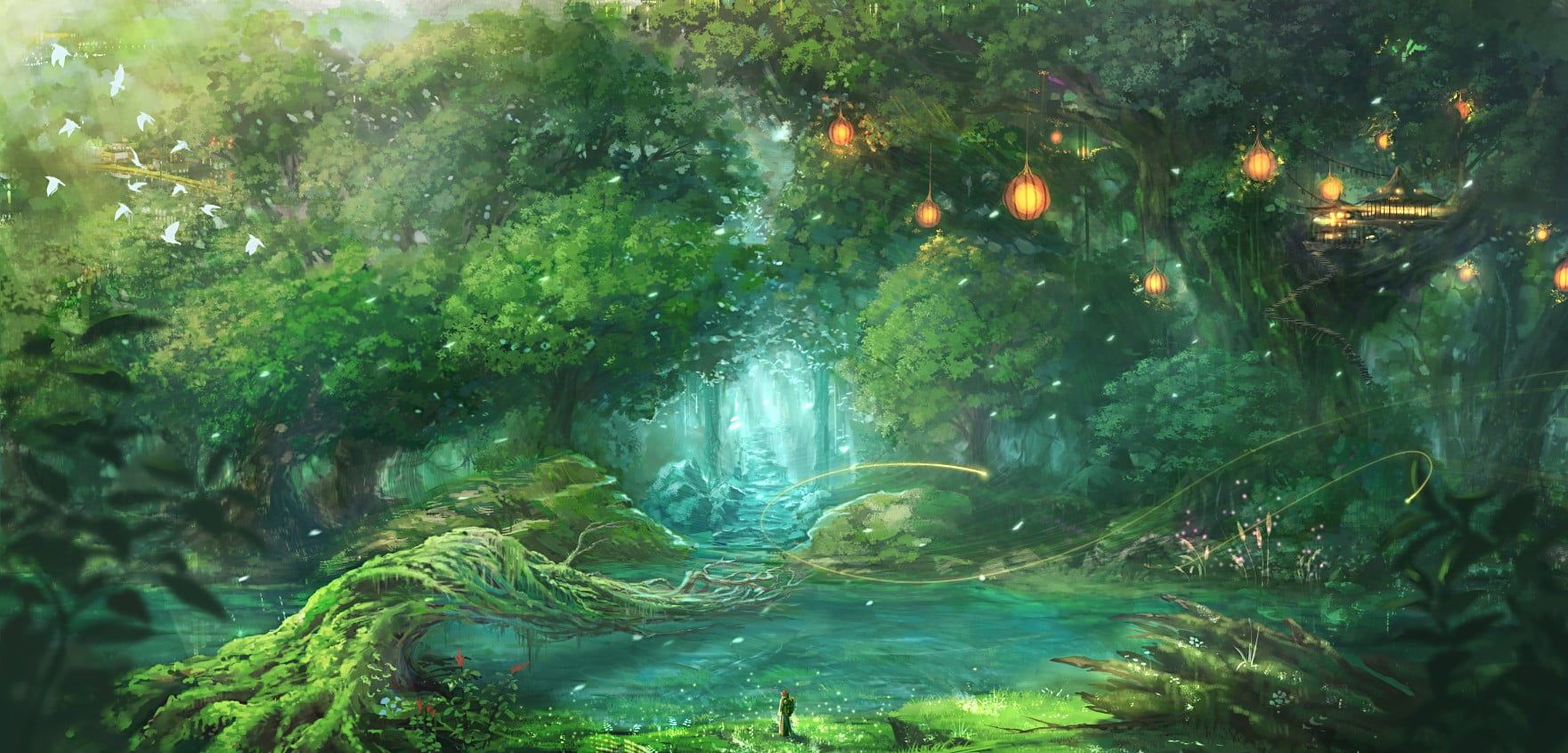 Rain forest wallpaper, fantasy art, forest, trees, birds HD