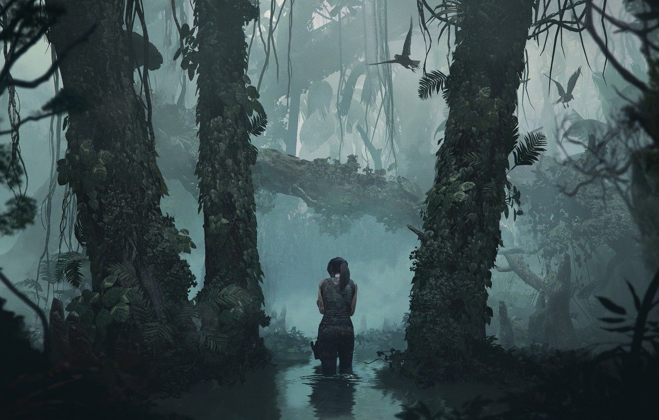 Wallpaper Water, Reflection, Girl, Trees, Birds, Jungle, Square Enix, Lara Croft, Shadow of the Tomb Raider image for desktop, section игры