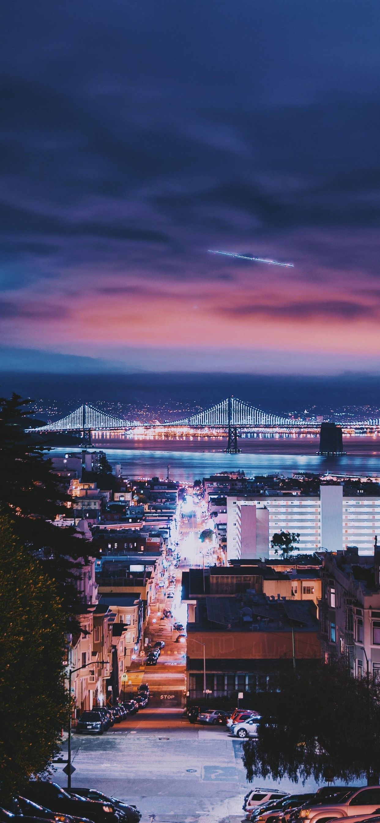 San Francisco, city, night, bridge, buildings, cars, illumination