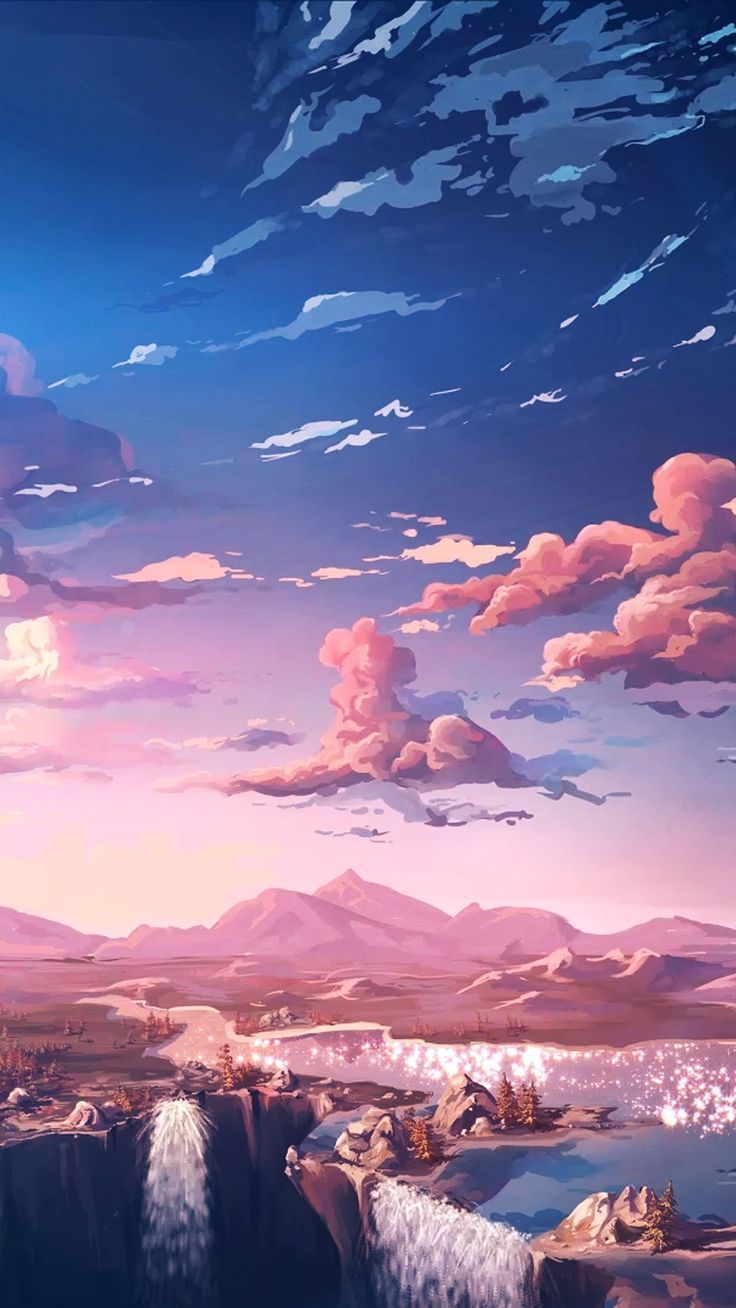 Blue and pink ombre gradient sky. Digital landscape painting
