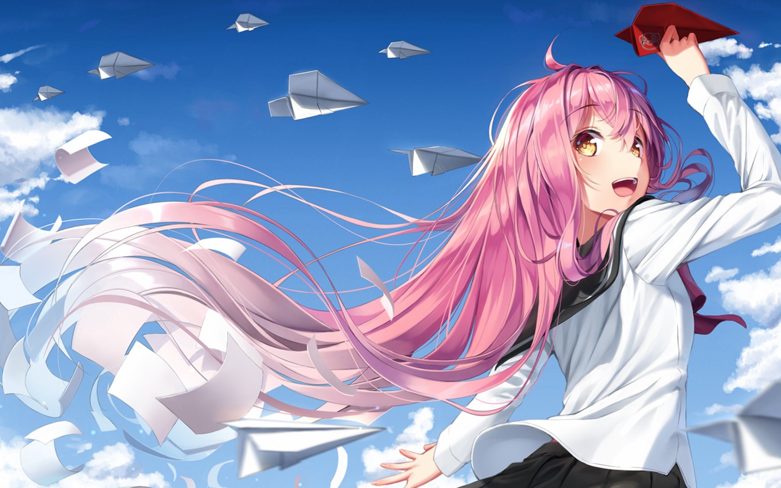 Download 2560x1600 Anime School Girl, Pink Hair, Clouds, Back View