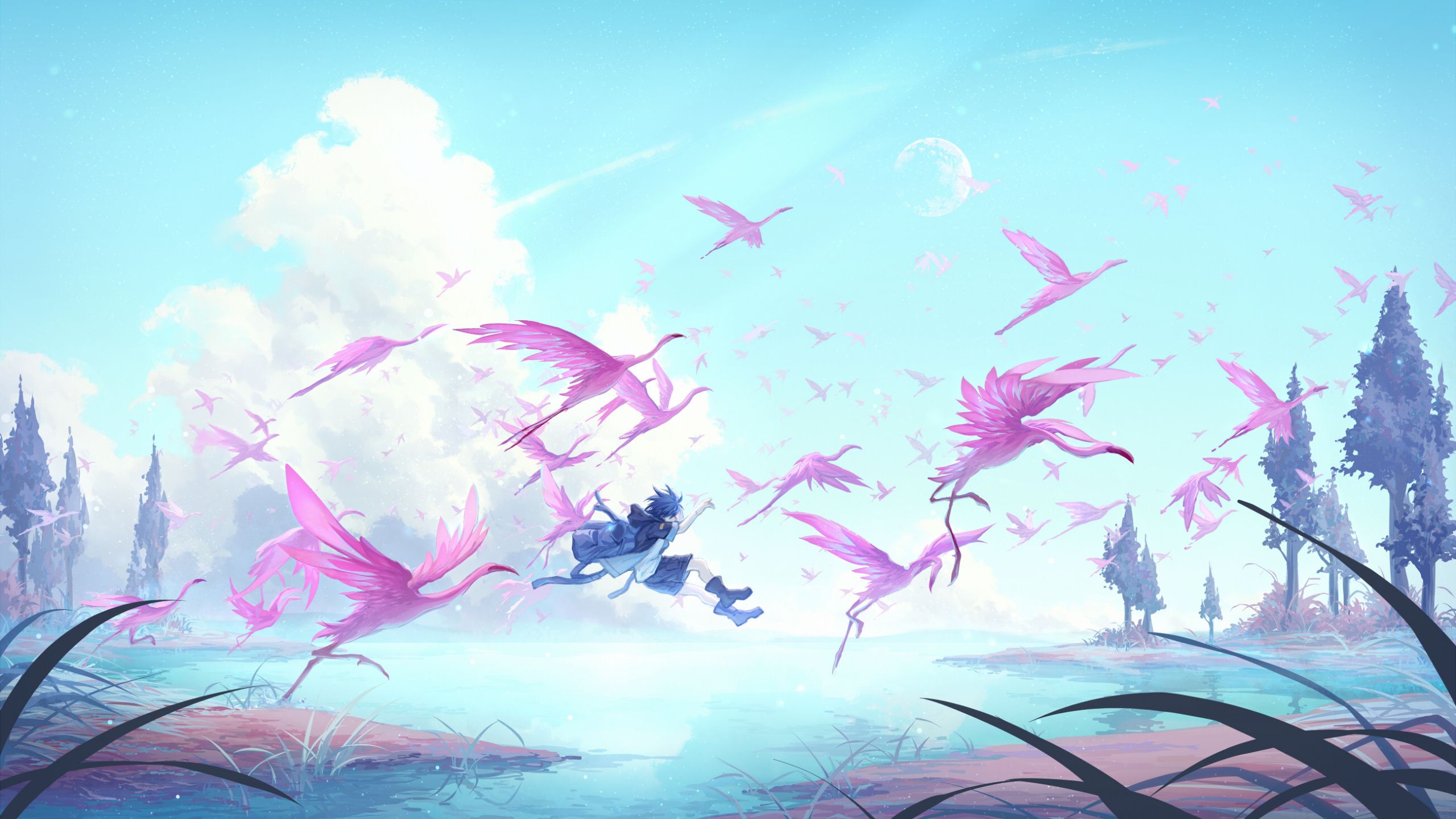 Download 2560x1440 wallpaper birds, pink, anime boy, jump, outdoor