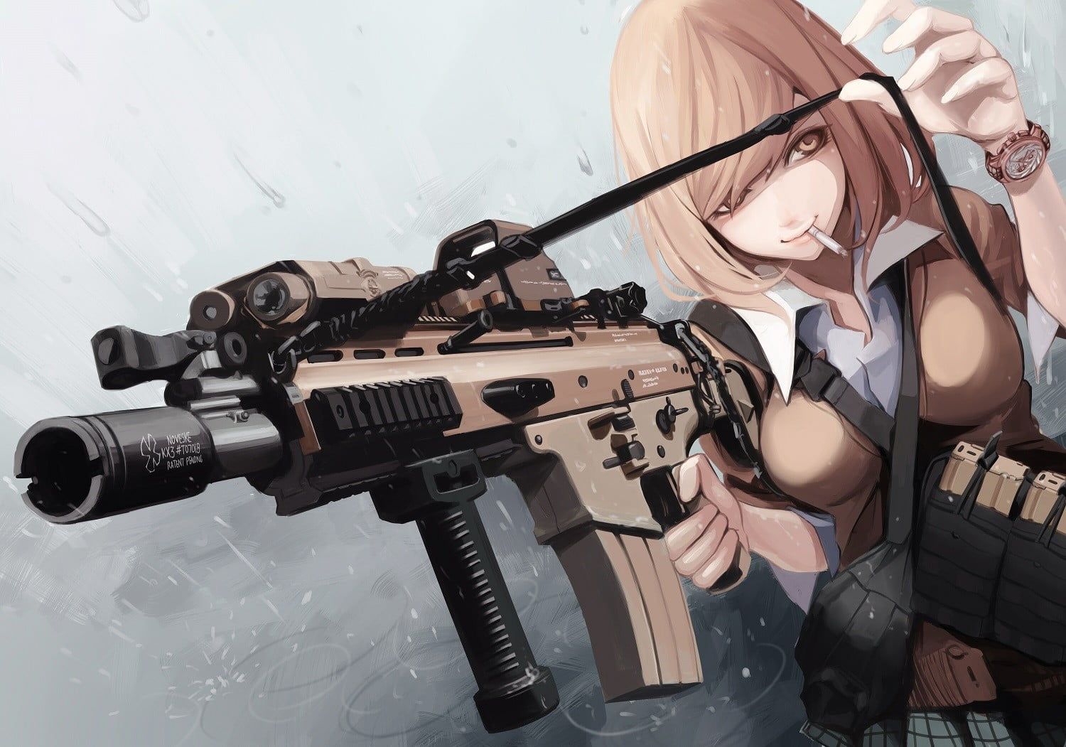 Black haired female anime character with rifle digital wallpaper
