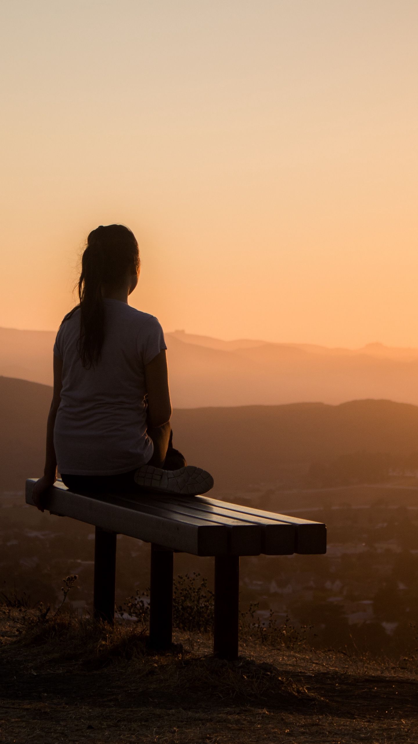 Download wallpaper 1440x2560 bench, alone, solitude, sunset