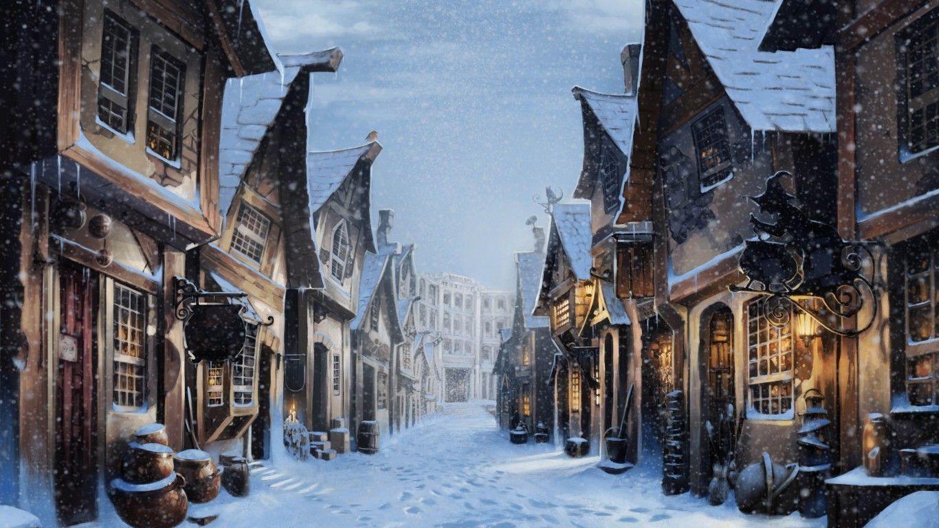 Download 1366x768 Diagon Alley, Harry Potter, Snow, Artwork