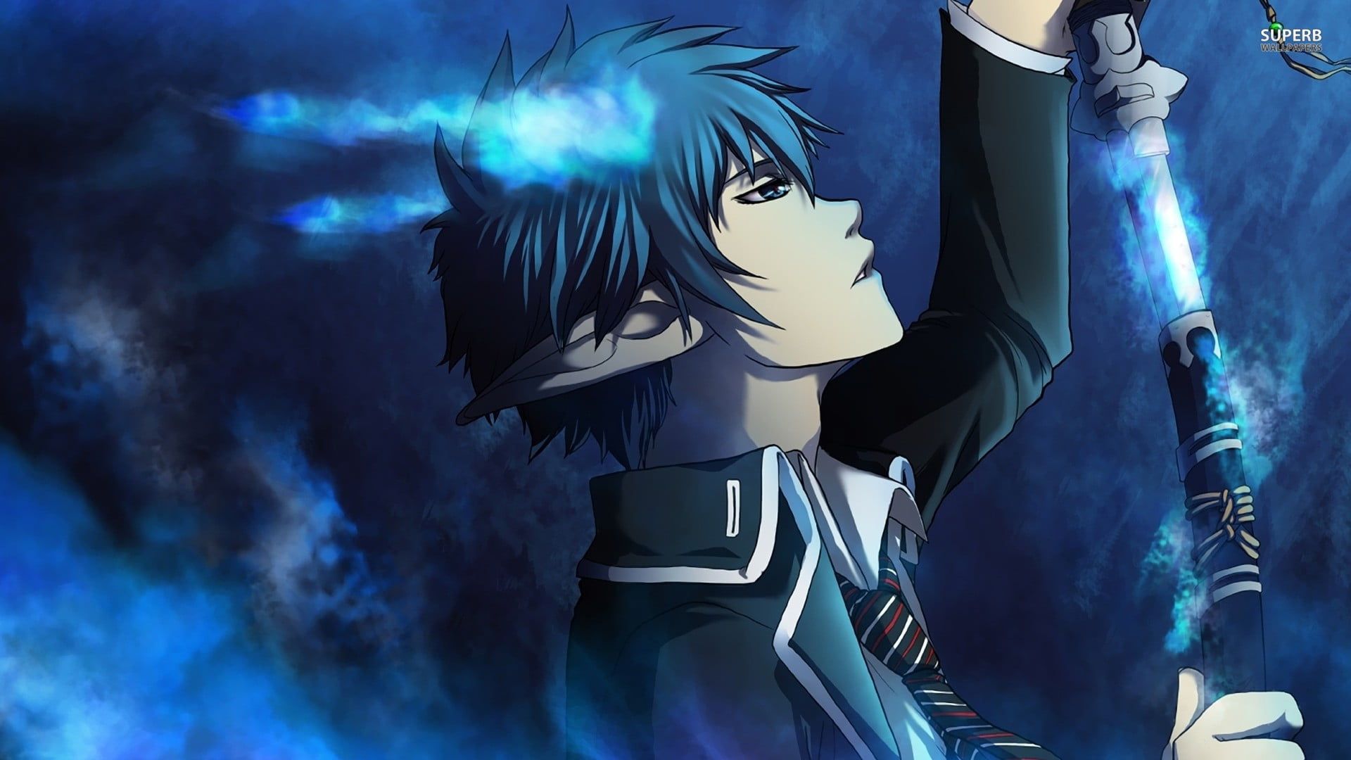 Man holding black sword anime character illustration, anime, Blue