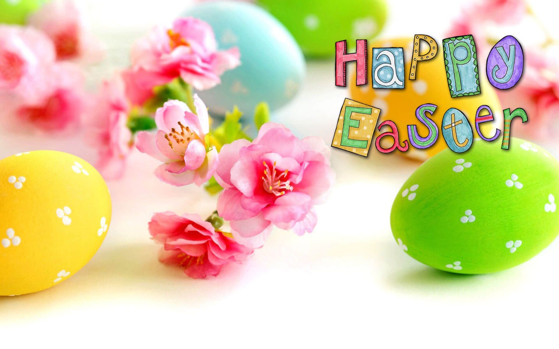 Happy Easter Eggs Pink Flower Greetings HD Wallpaper
