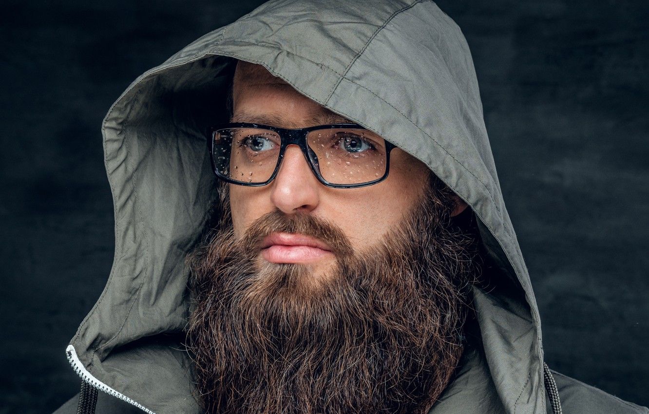 Wallpaper glasses, Beard, drops of water, raincoat, windbreaker