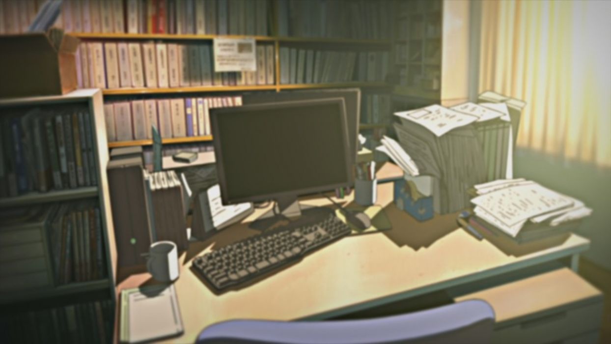 Computers indoors room illustrations anime desks Nichijou