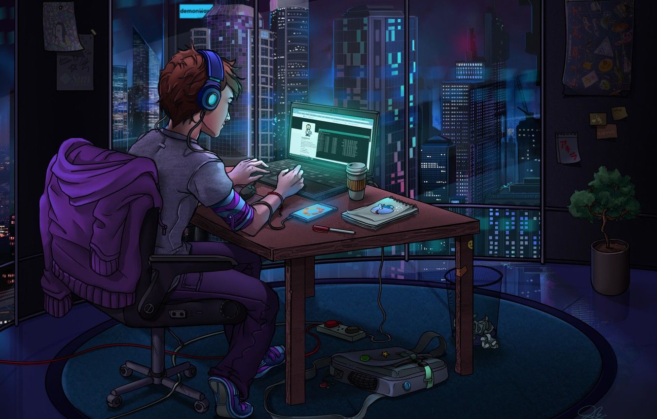 Wallpaper computer, the room, hacker, The World at Night image