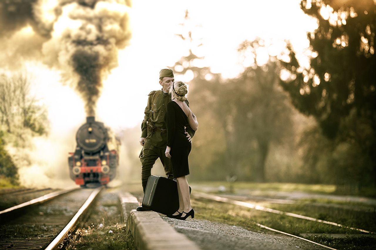 Photo soldier Men lovers Locomotive young woman Trains Suitcase