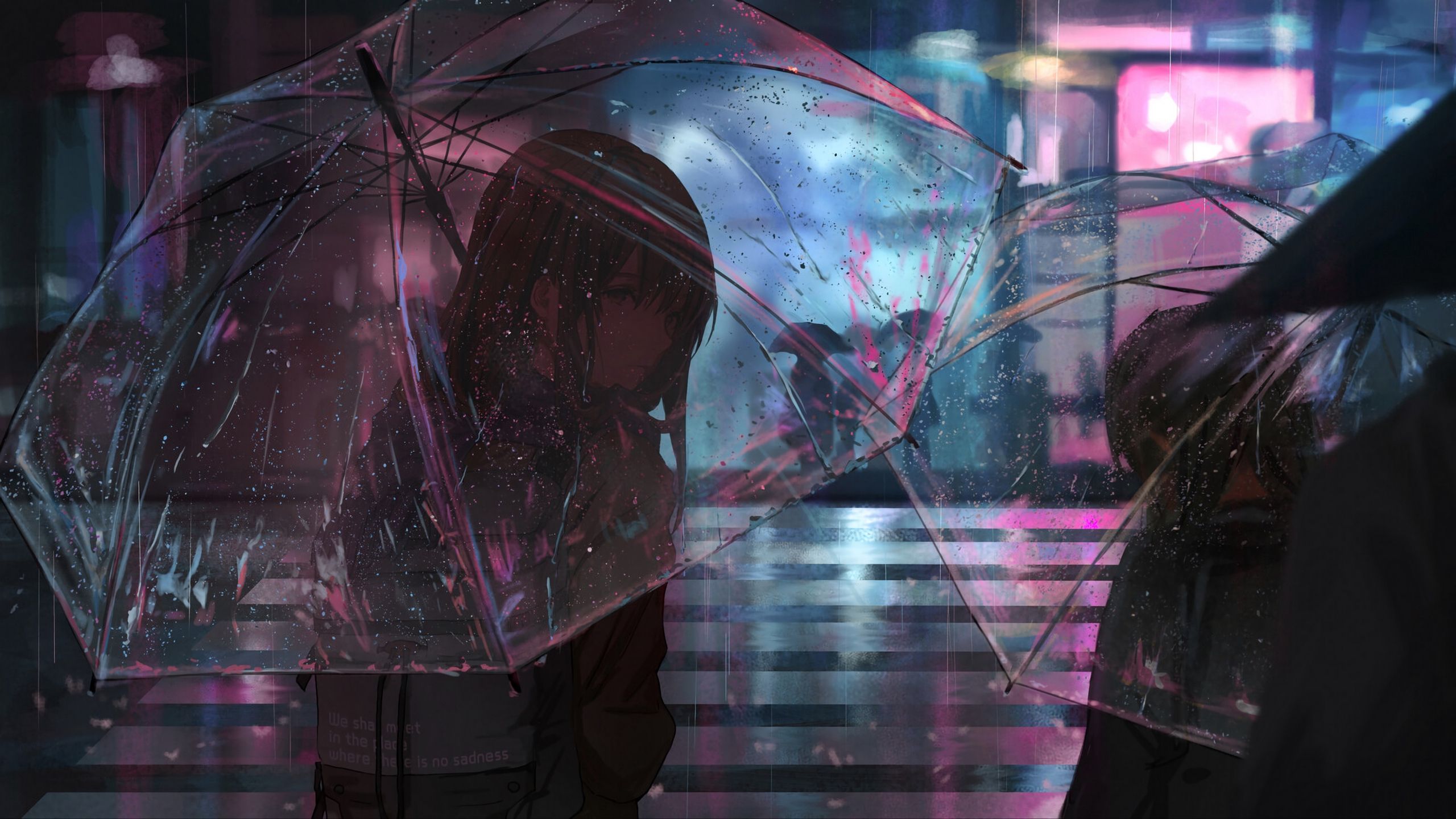 Download wallpaper 2560x1440 girl, umbrella, anime, rain, street, night widescreen 16:9 HD background