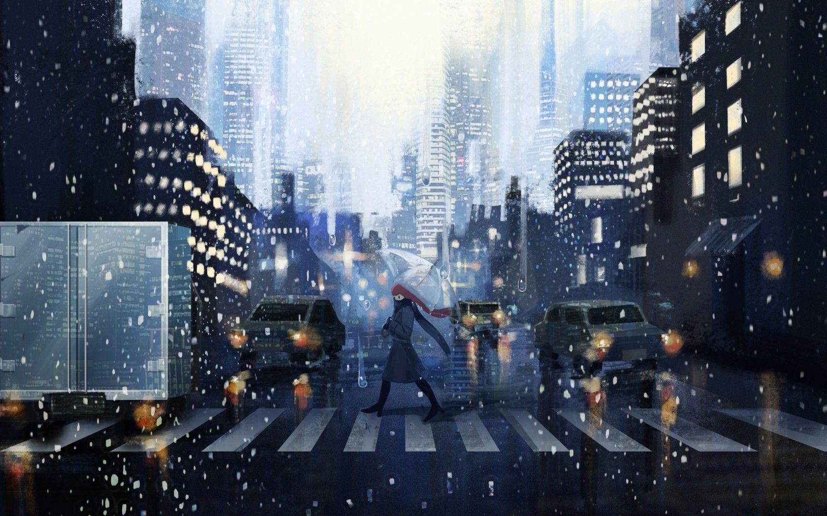Download 1680x1050 Anime Girl, Walking, Street, Snow, Cars, Urban
