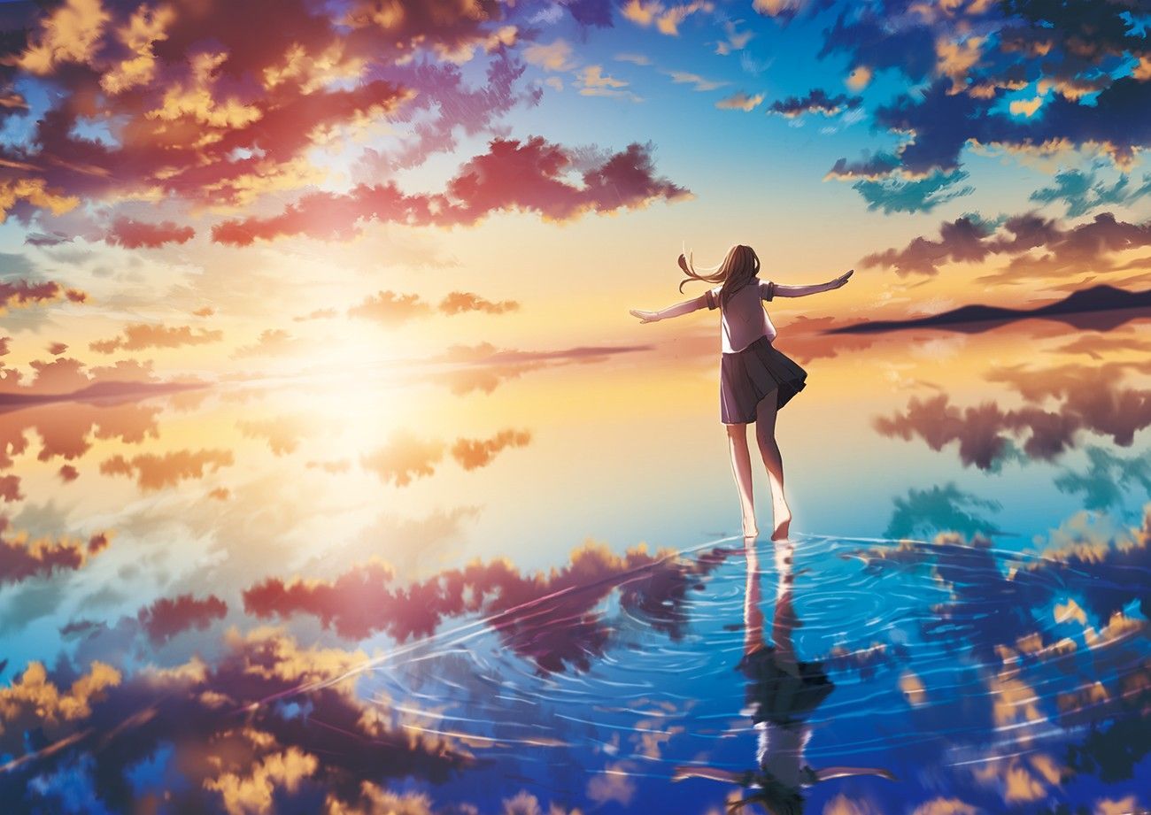 sea sunset Sun clouds original characters anime girls reflection