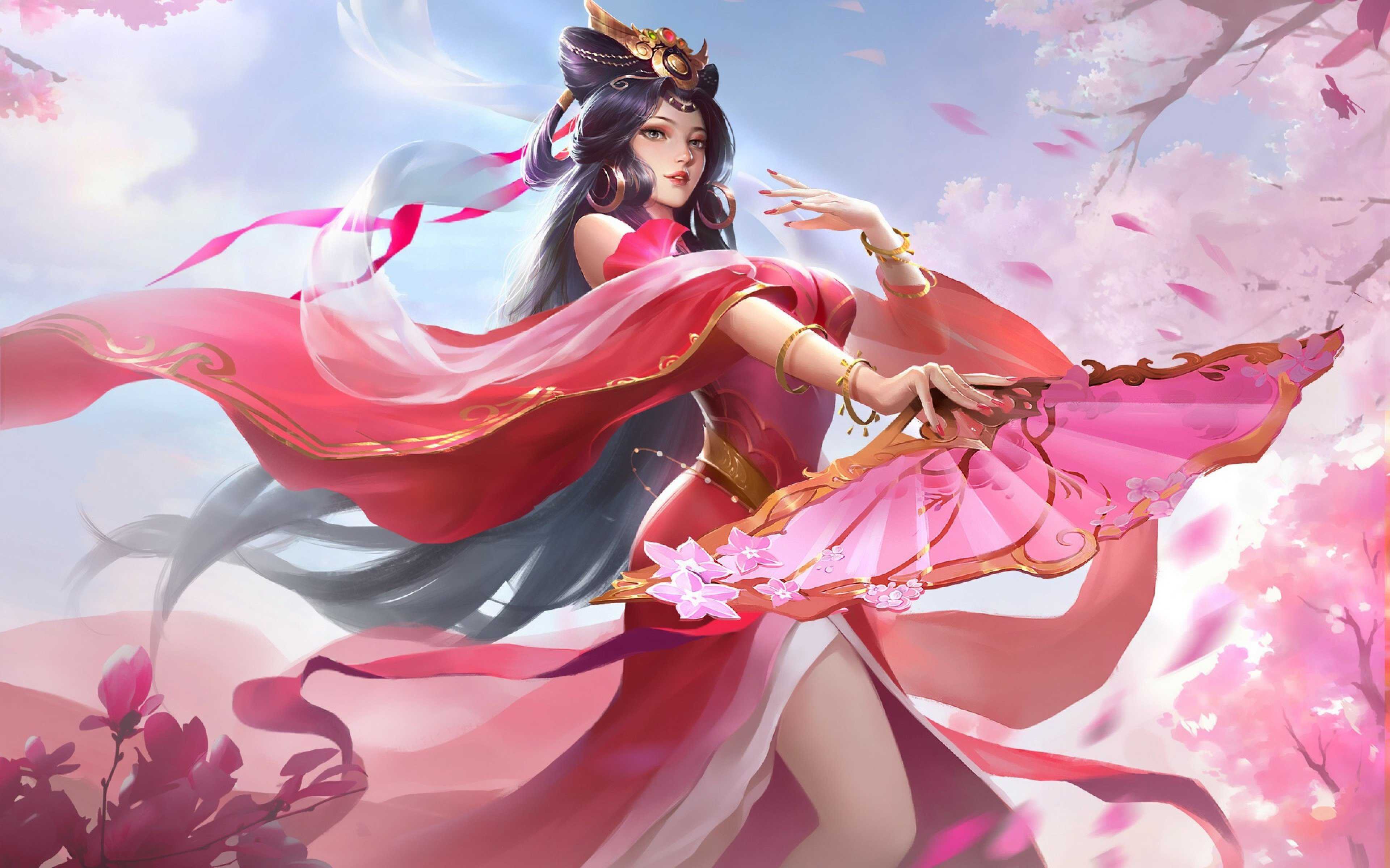Anime Girl in Chinese Pink Dress Dancing HD Wallpaper (3840x2400)