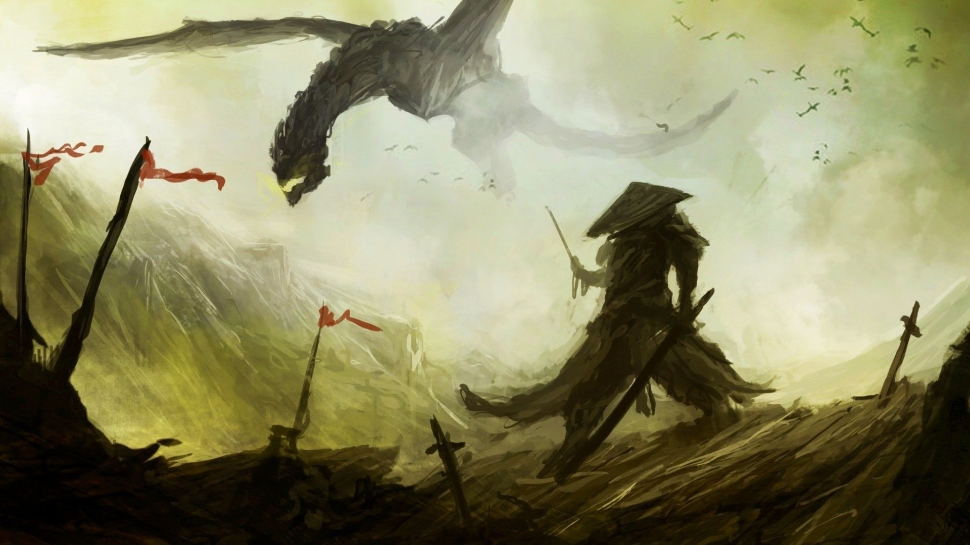 Dragon and Samurai Fantasy Art desktop PC and Mac wallpaper