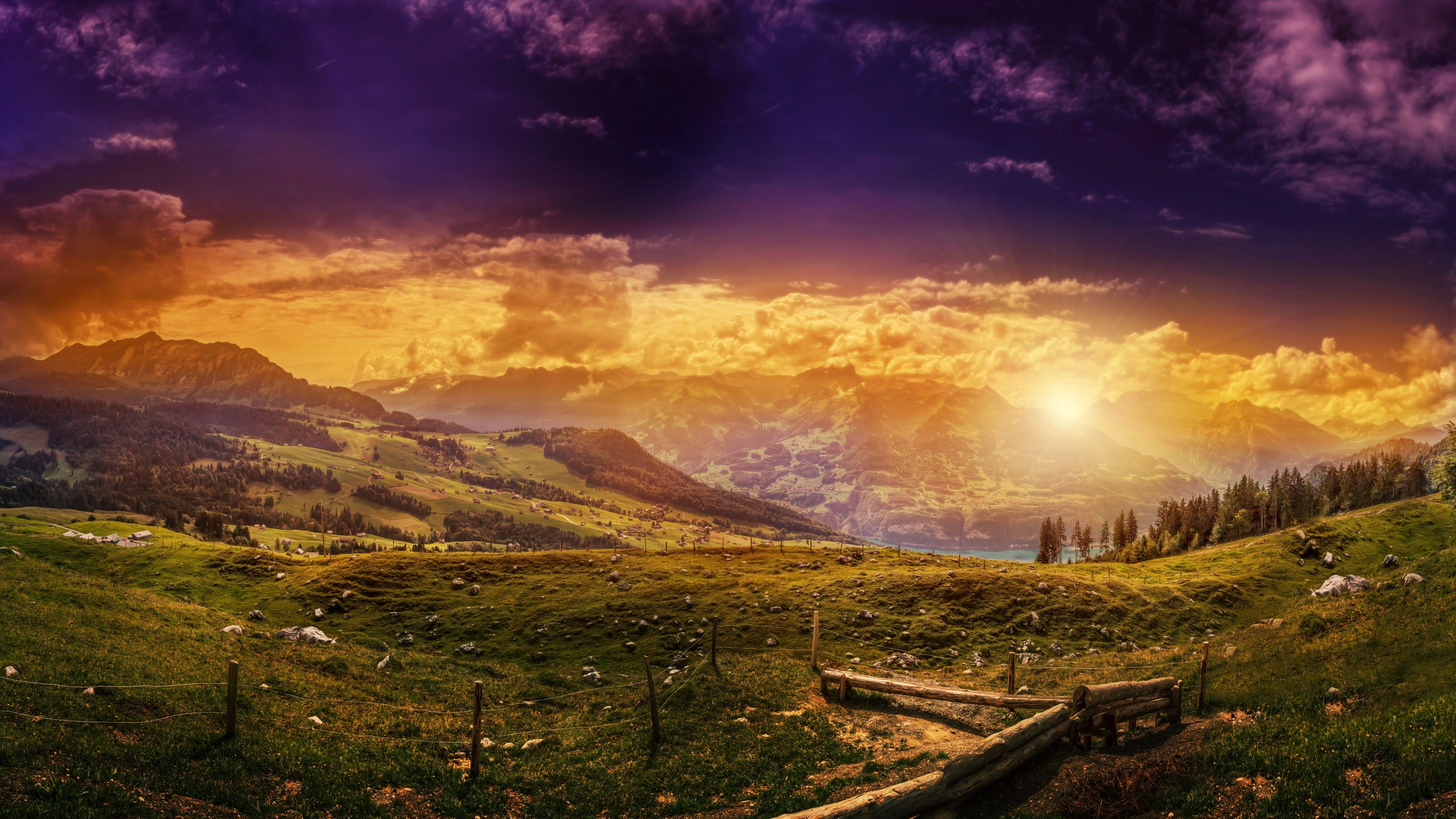 Wallpaper Switzerland, 5k, 4k wallpaper, 8k, HD, Mountains, sunset, hills, meadows, Nature